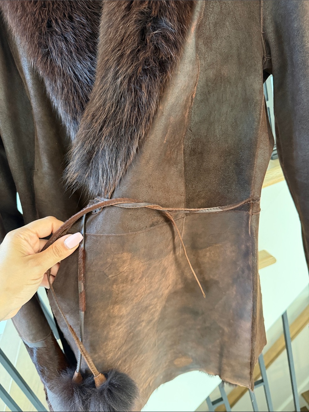 Women genuine pony hair REVERSIBLE 2 tone coat Shearling Coat with Fur Collar - Picture 11 of 13